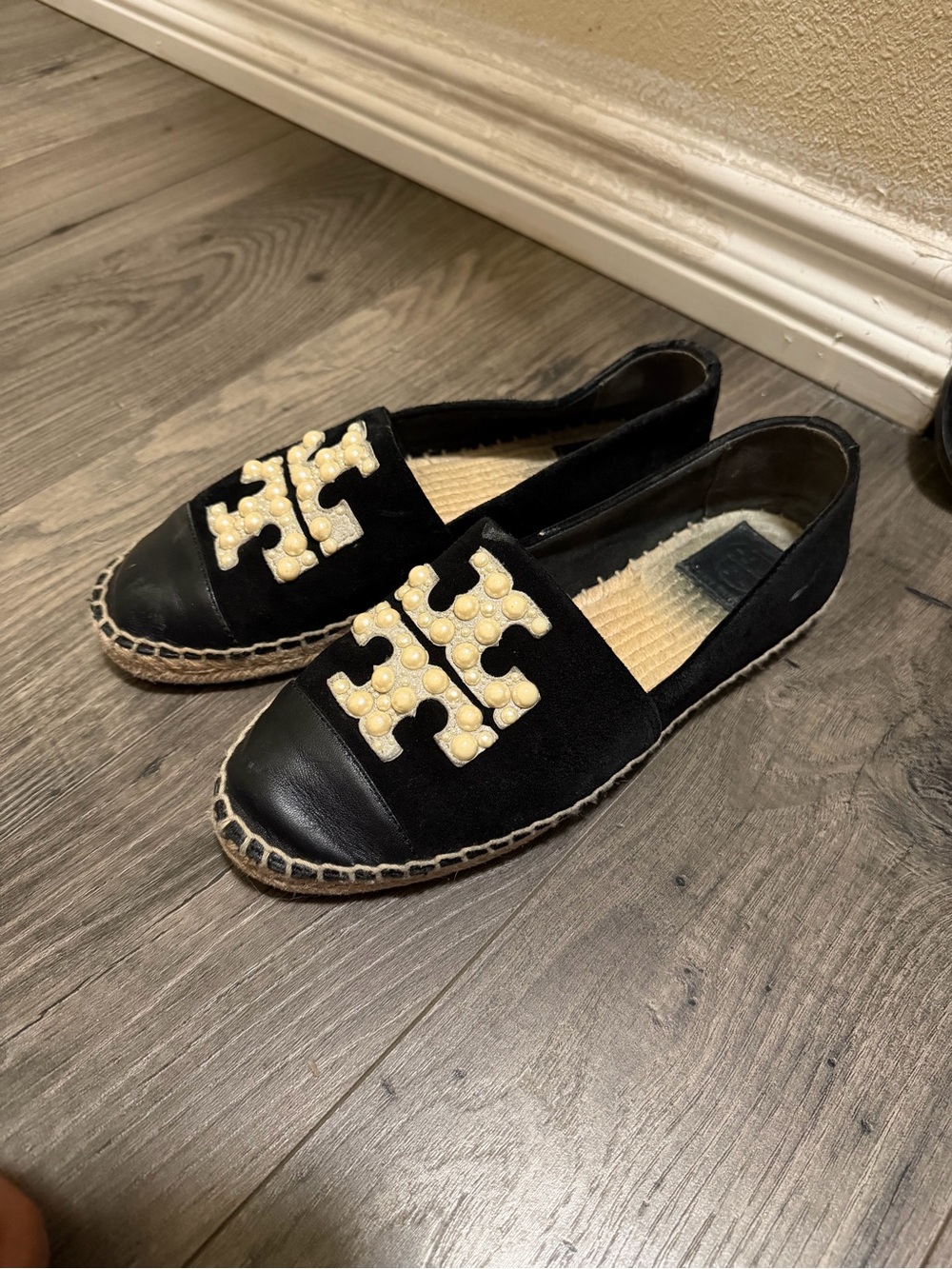 Tory Burch Black Pearl-Embellished Espadrille Flats